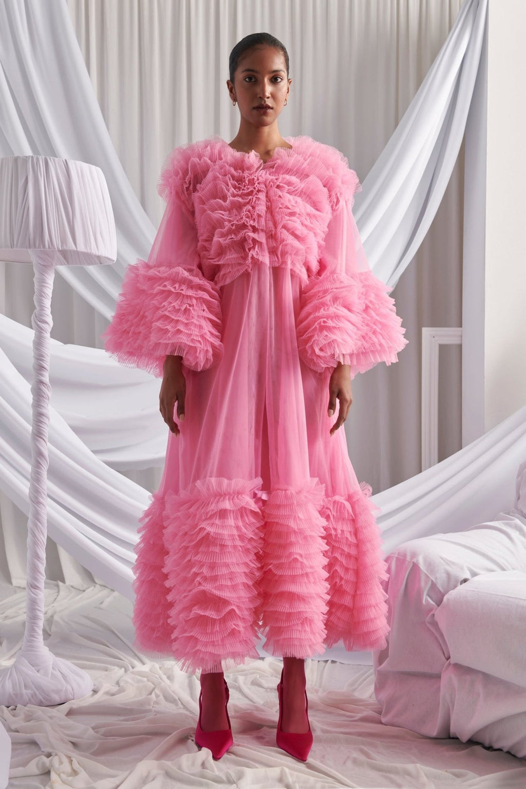 celiab pink dress Luz L'IDEE Lidee Klum Lidi assymetric ruffle skirt denim mini Uk Size:30