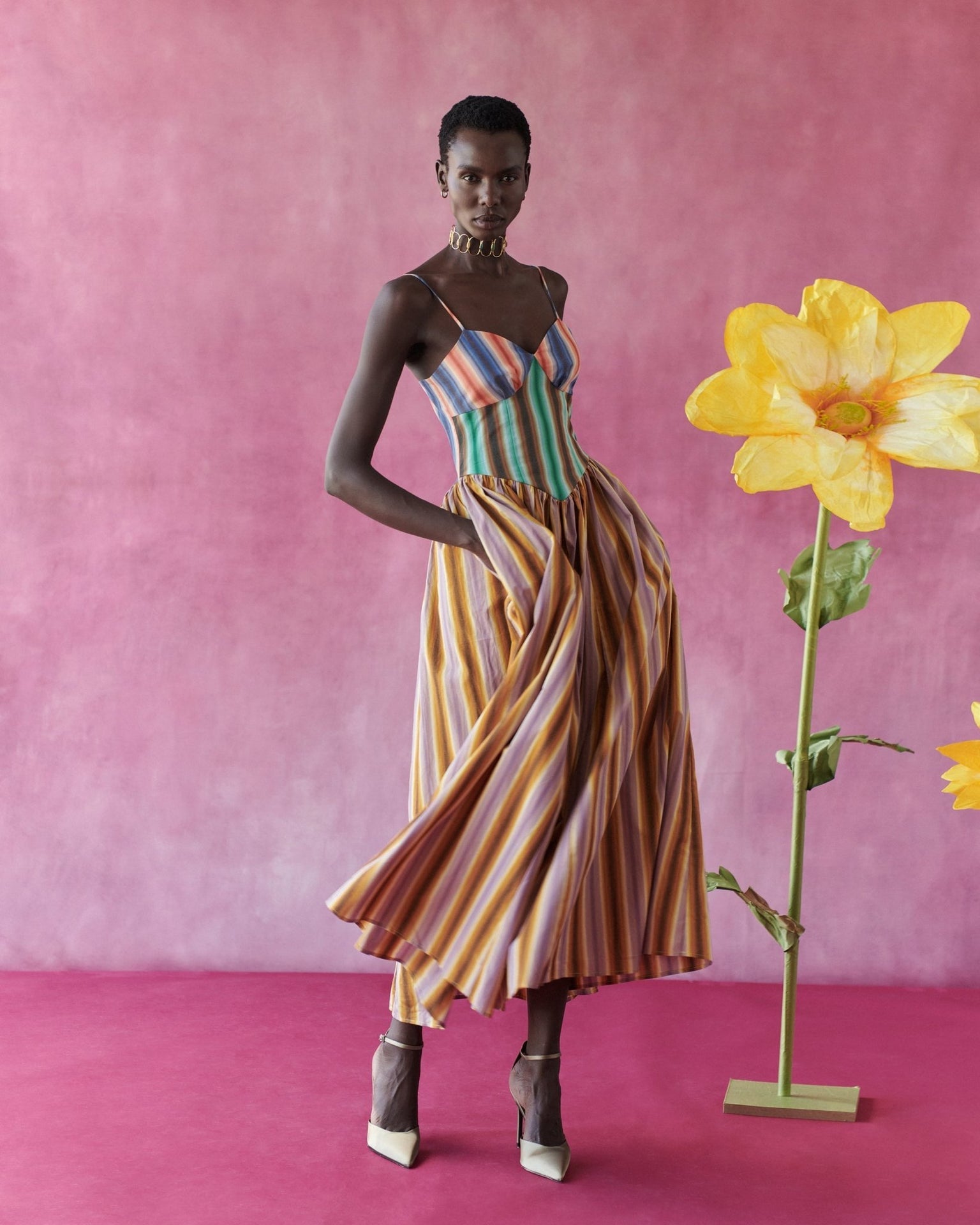 celia b midi dress Celia B Striped ruffled-detail Midi Dress | Yellow